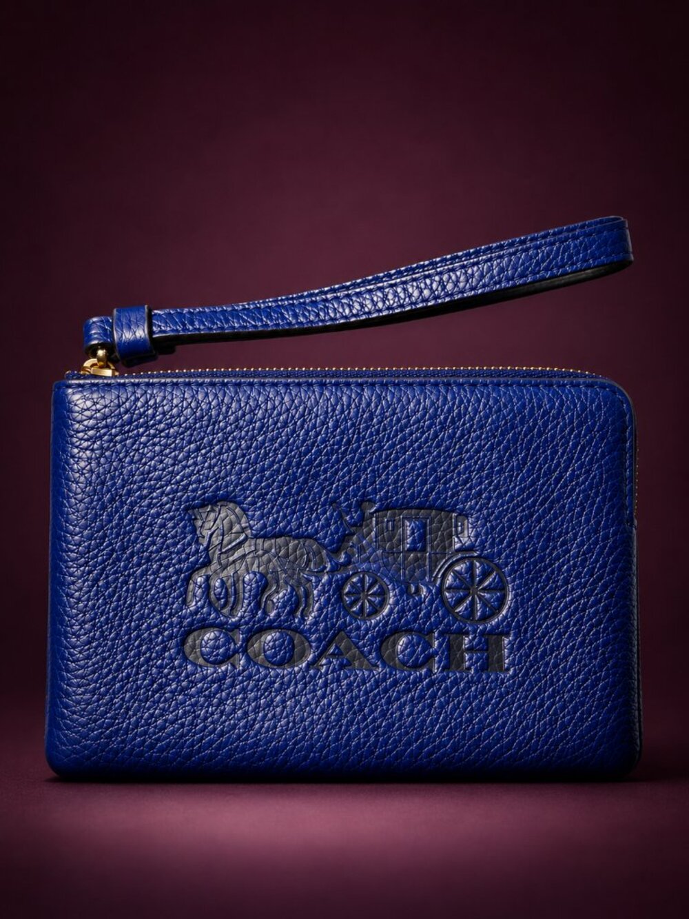 COACH Horse & Carriage Embossed Logo Royal Denim Blue Leather Wristlet